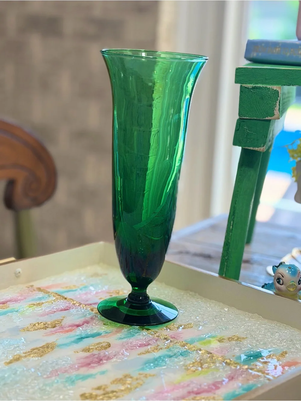 Vintage Unmarked Tall Emerald Trumpet Glass Vase. 10.5” Grandmillinial Dopamine